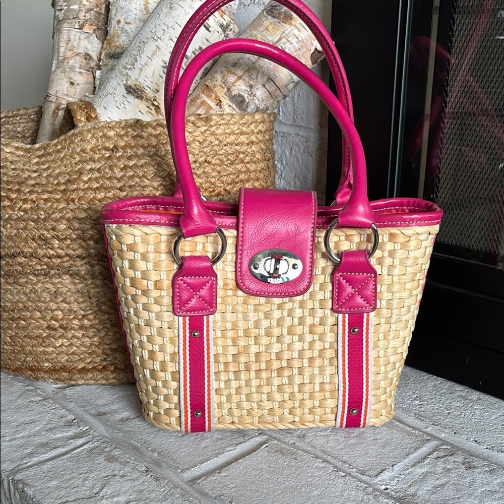 Pink and Tan Woven Handbag